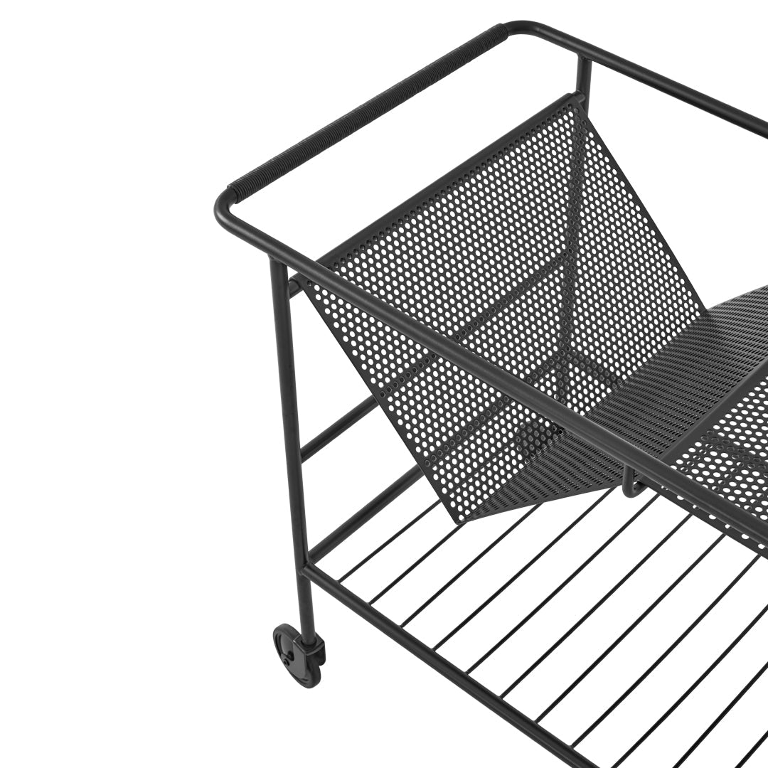 Black metal cart with a perforated pattern, featuring a sleek design and horizontal lines. Perfect for stylish organization.