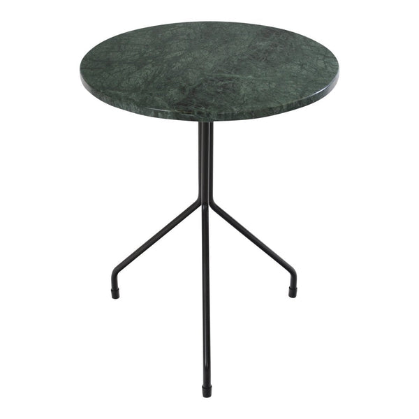 Round green marble table with a sleek black metal tripod base, showcasing a polished, elegant surface.