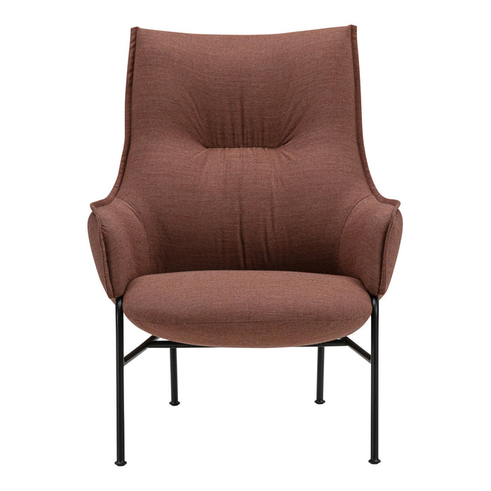 Brown fabric armchair with a textured surface and sleek black metal legs, offering a modern and cozy look.