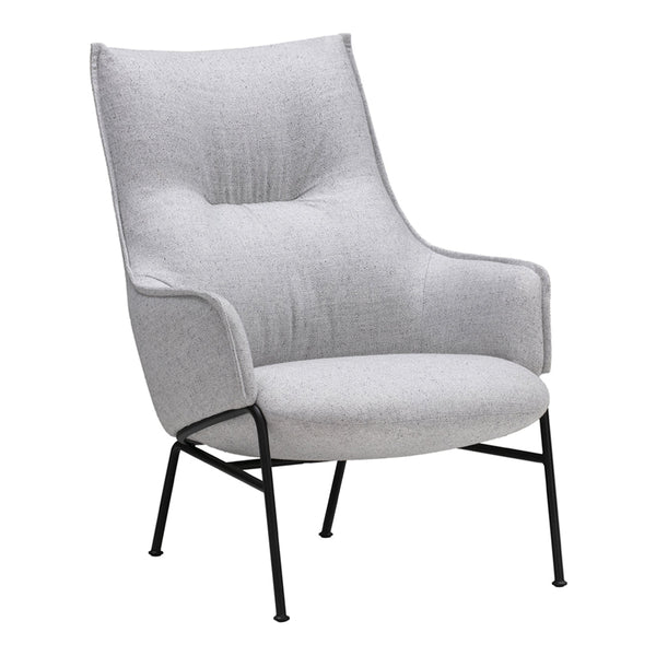 Light gray upholstered armchair with a sleek design and subtle textured pattern, set on a black metal frame.