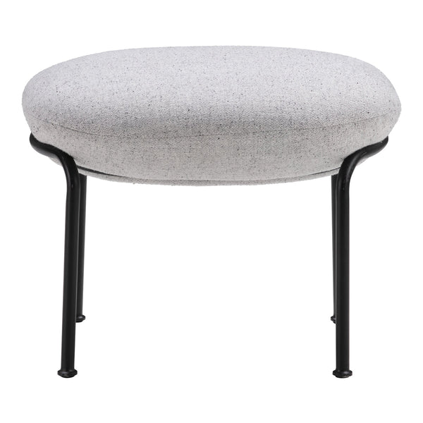 Round gray upholstered ottoman with a textured fabric and sleek black metal legs. Perfect for modern decor.