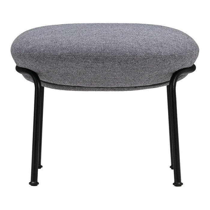 Gray upholstered ottoman with textured fabric and sleek black metal legs. Modern, minimalist design for stylish interiors.