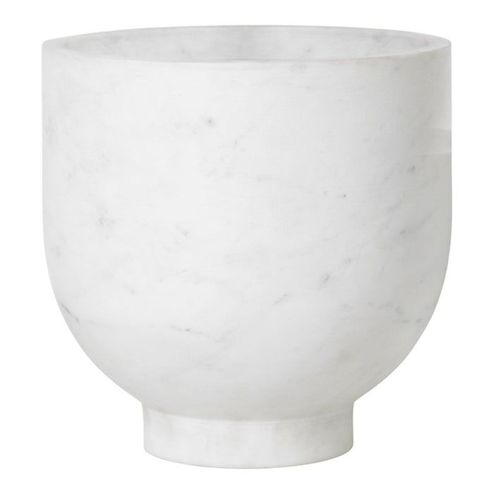 White marble planter with a smooth, polished finish and subtle grey veining, perfect for modern decor.