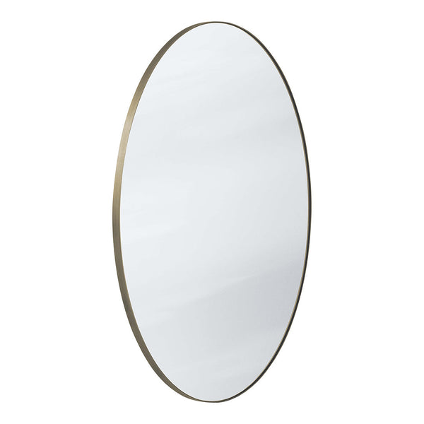 Oval mirror with a sleek reflective surface and a subtle gold metal frame, featuring a minimalist design.