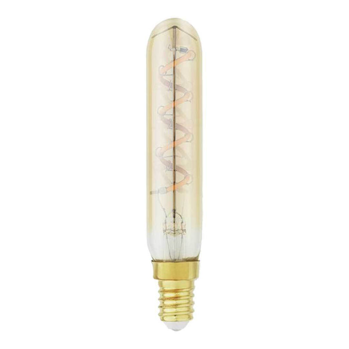 Amber glass LED bulb with a spiral filament, gold base, and elegant vintage design. Perfect for stylish lighting.