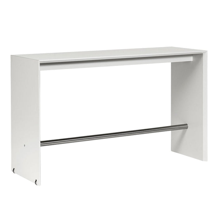 Sleek white console table with a minimalist design and smooth finish, featuring a silver metal bar for added style.