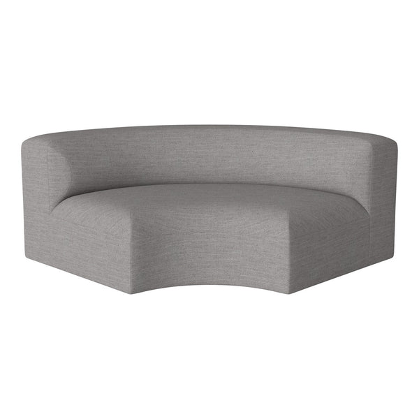 Stylish curved sofa in a soft light gray fabric with a subtle texture. Perfect for modern home decor.