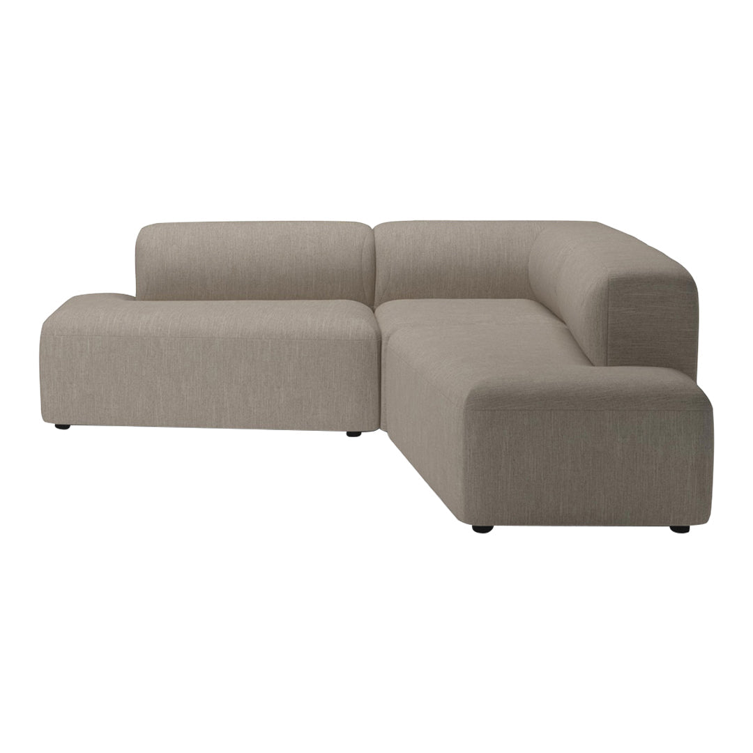 Contemporary beige sectional sofa with smooth fabric and minimalist design, perfect for modern living spaces.