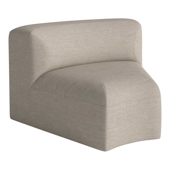 Beige upholstered chair with a smooth, textured pattern and soft curves. Ideal for modern, minimalist decor.