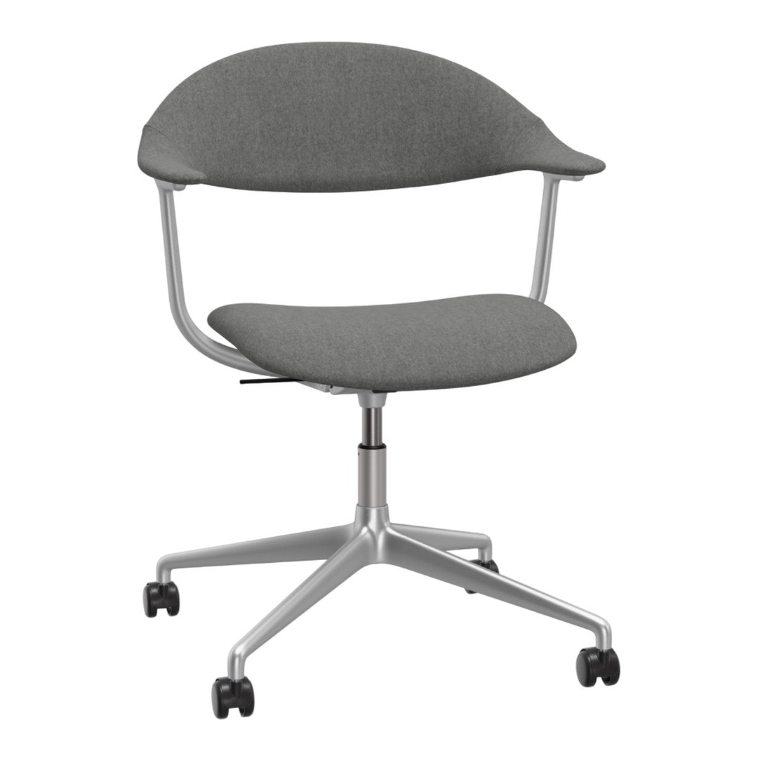 Modern gray upholstered office chair with a sleek silver base, featuring a minimalist design and smooth contours.