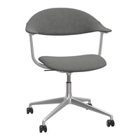 Modern gray upholstered office chair with a sleek silver base, featuring a minimalist design and smooth contours.