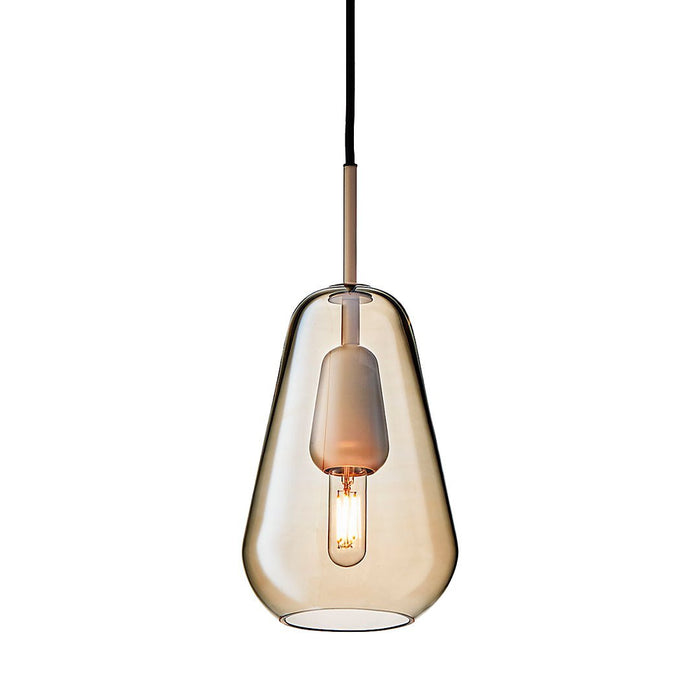 Amber glass pendant lamp with a sleek, modern shape and minimalist design. Black cord for a stylish contrast.