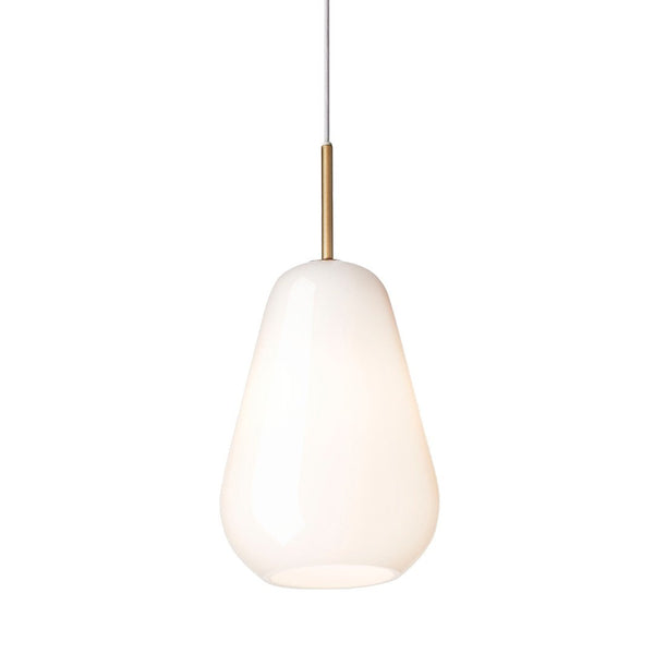 White glass pendant light with a smooth, teardrop shape and a brass accent. Ideal for modern decor.