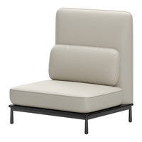 Beige upholstered lounge chair with a sleek black metal frame, featuring a minimalist design and smooth textures.
