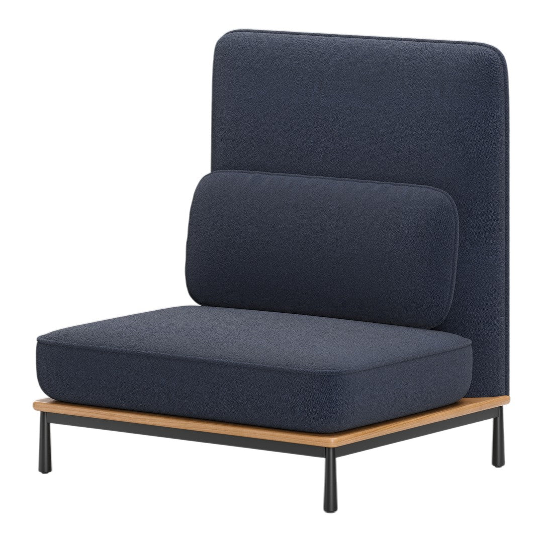 Dark navy blue chair with a minimalist design and smooth fabric upholstery. Contemporary wooden and metal base.