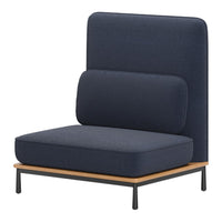 Dark navy blue chair with a minimalist design and smooth fabric upholstery. Contemporary wooden and metal base.