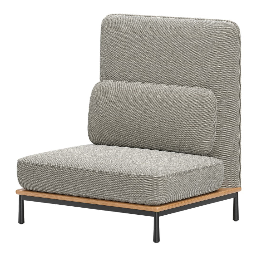 Gray upholstered chair with a minimalist design and wooden base, featuring smooth, solid upholstery.