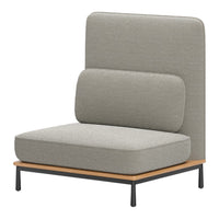 Gray upholstered chair with a minimalist design and wooden base, featuring smooth, solid upholstery.