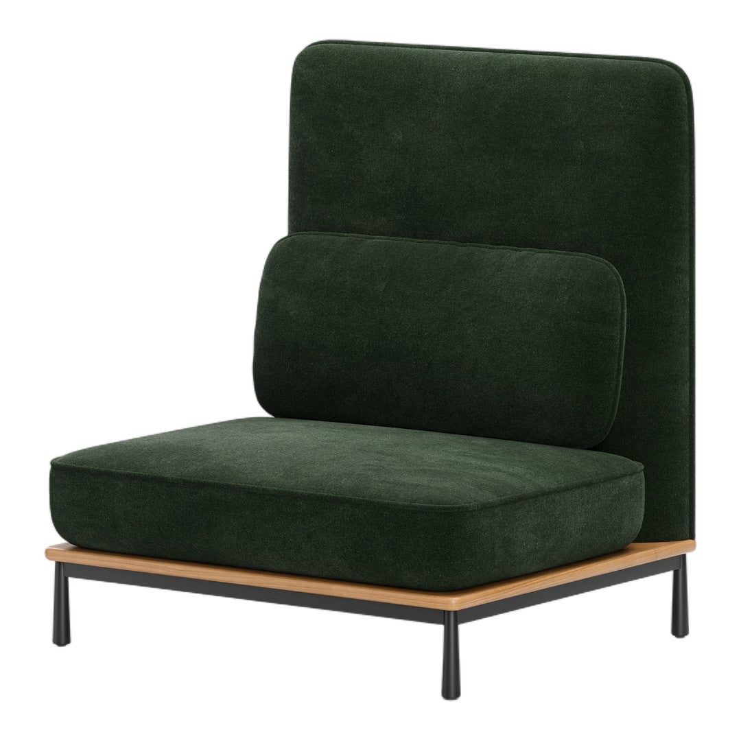 Green velvet chair with a sleek design, featuring a contrasting wooden base and smooth, simple patterns.