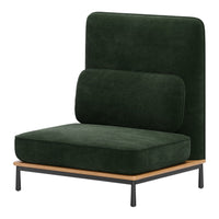 Green velvet chair with a sleek design, featuring a contrasting wooden base and smooth, simple patterns.