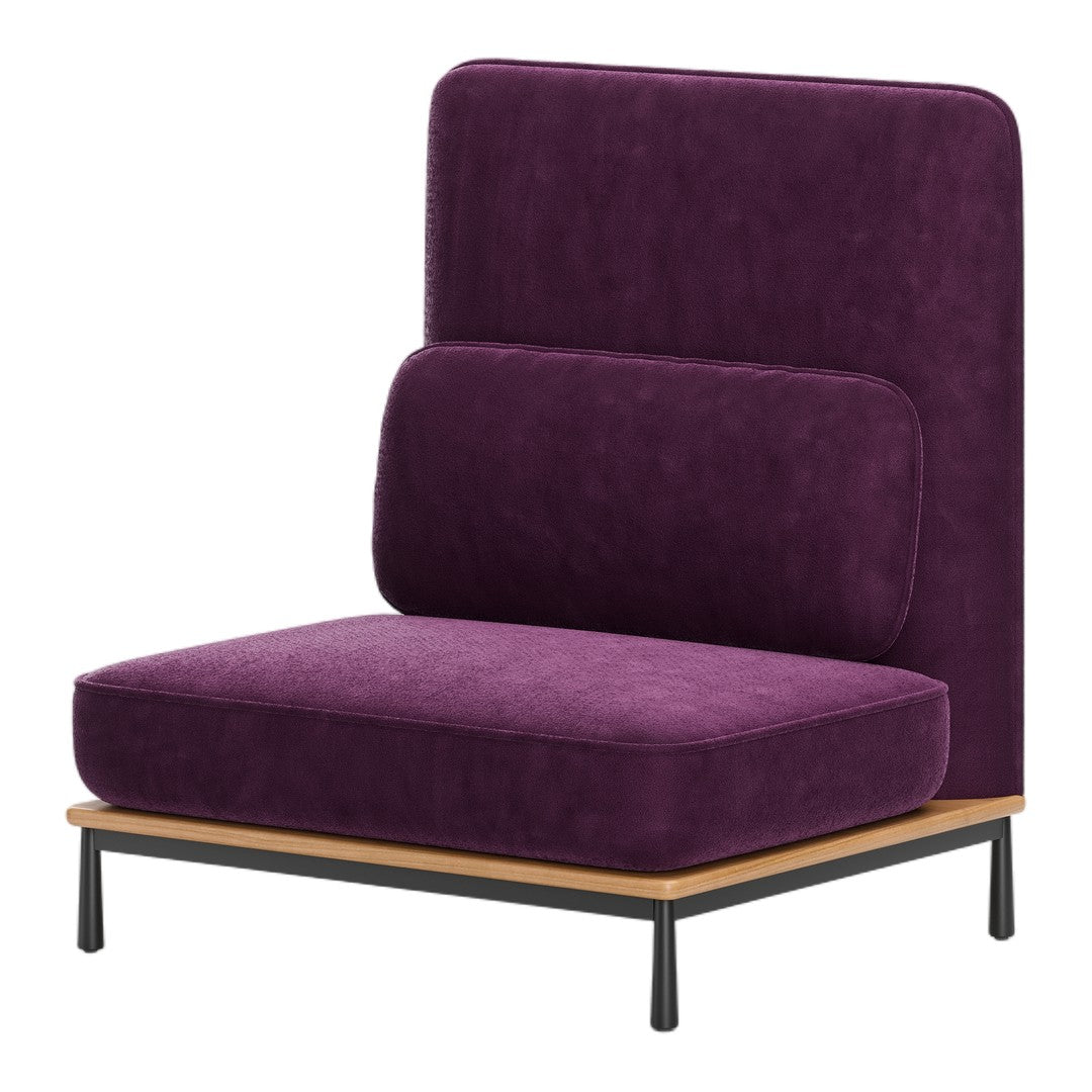 "Modern purple upholstered chair with sleek wood legs and minimalistic design."