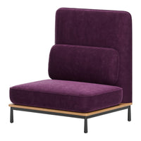 "Modern purple upholstered chair with sleek wood legs and minimalistic design."