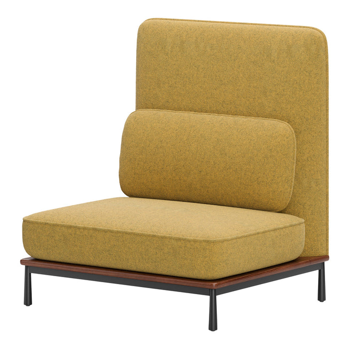 Yellow fabric lounge chair with a smooth, textured pattern and minimalist wood and metal frame.