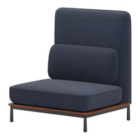 Stylish navy blue chair with a smooth texture and wooden base, featuring minimalistic design and sleek lines.