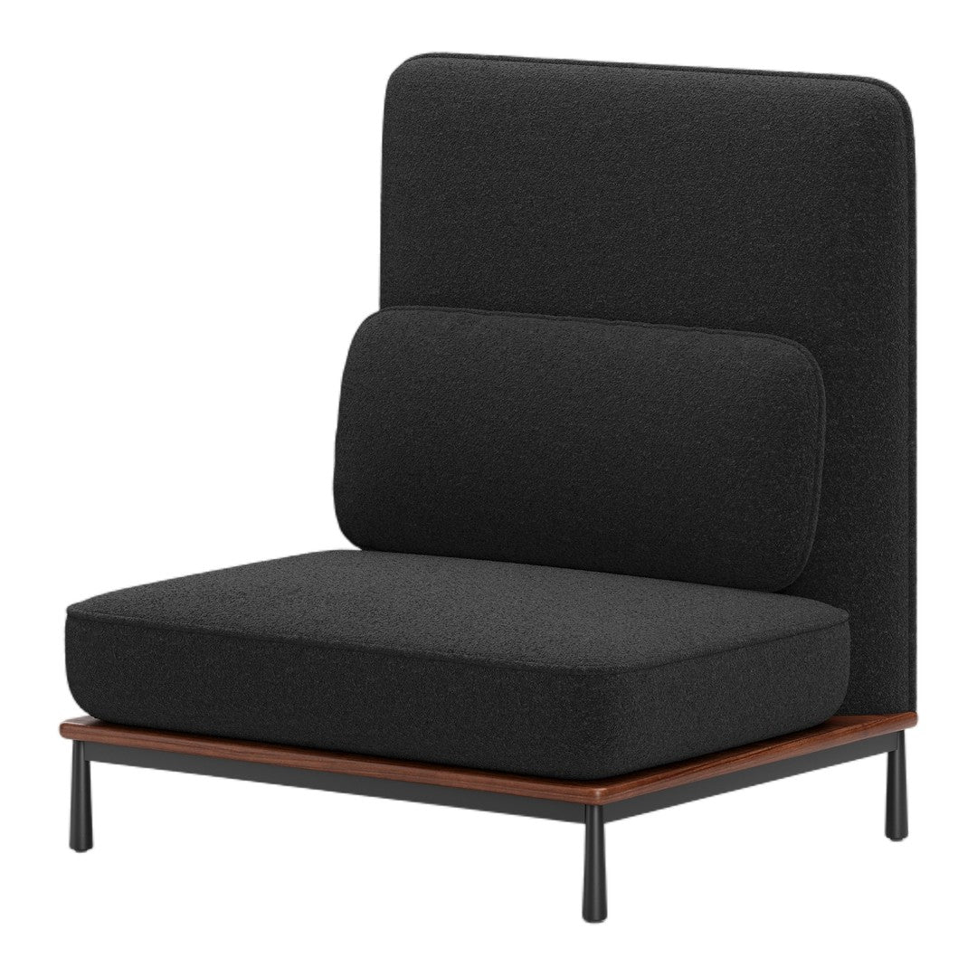 Black upholstered chair with a sleek wooden base, featuring a minimalist design and soft, textured fabric.