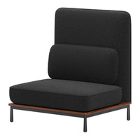 Black upholstered chair with a sleek wooden base, featuring a minimalist design and soft, textured fabric.