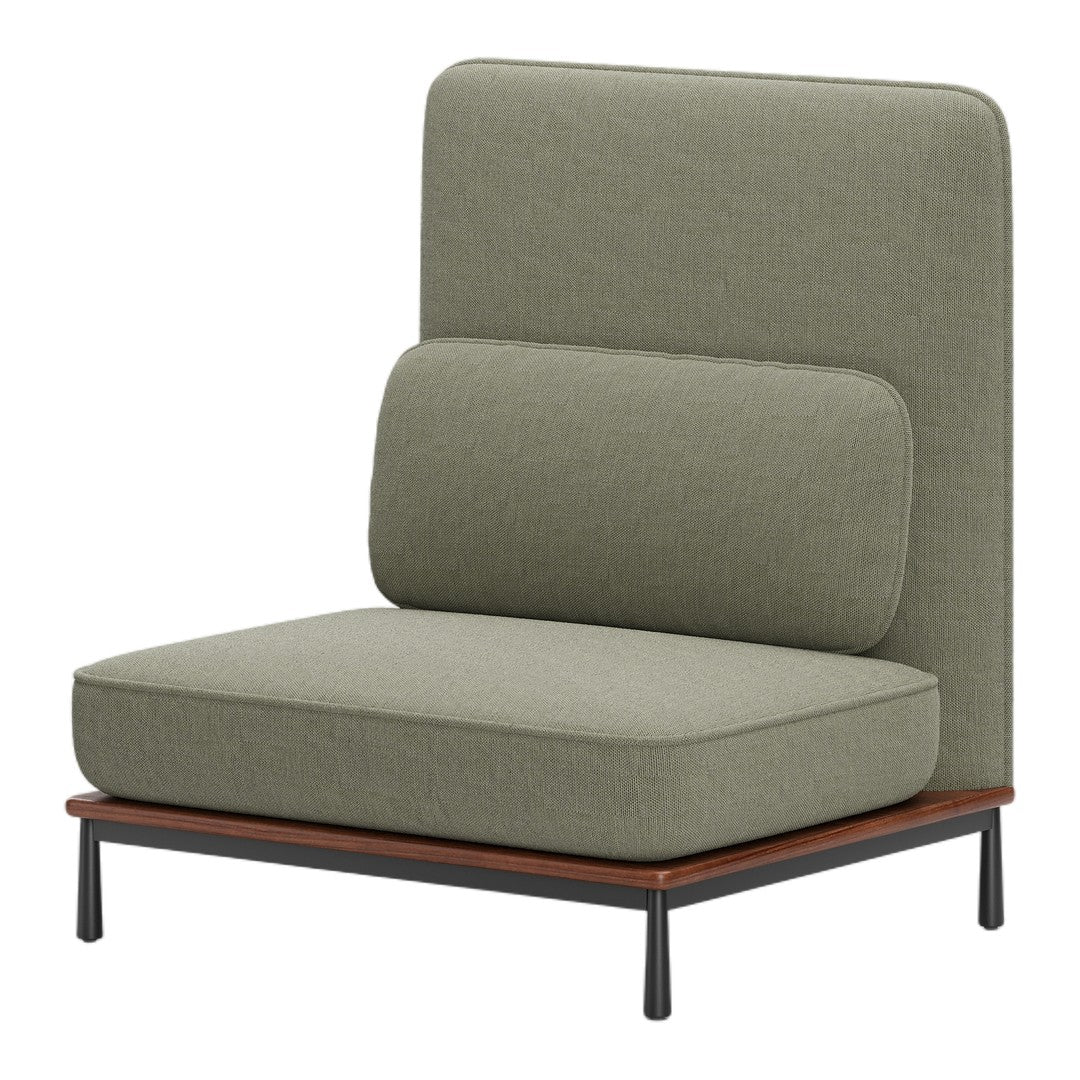 Olive green fabric sofa with a smooth texture, complemented by dark wood and black metal accents.