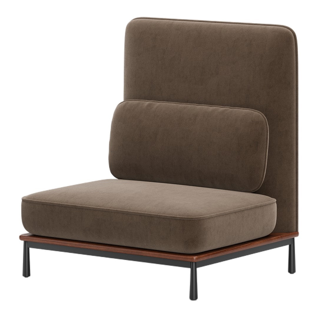 Brown upholstered chair with a sleek design, featuring a solid wood base and a soft, padded backrest.
