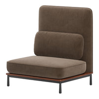 Brown upholstered chair with a sleek design, featuring a solid wood base and a soft, padded backrest.
