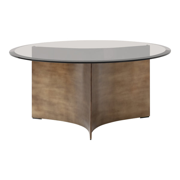 Round glass-top coffee table with a sleek, bronze metallic base, featuring a smooth, modern design and neutral tones.