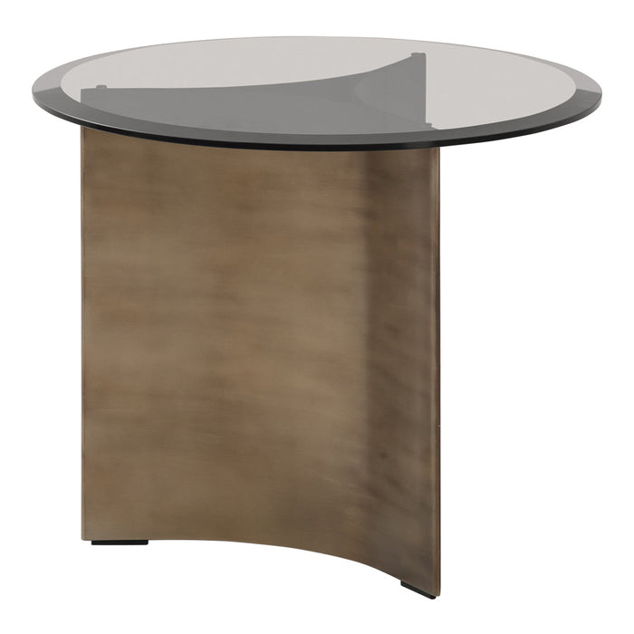 Round side table with a sleek glass top and a smooth, bronze finish base. Modern design for stylish interiors.
