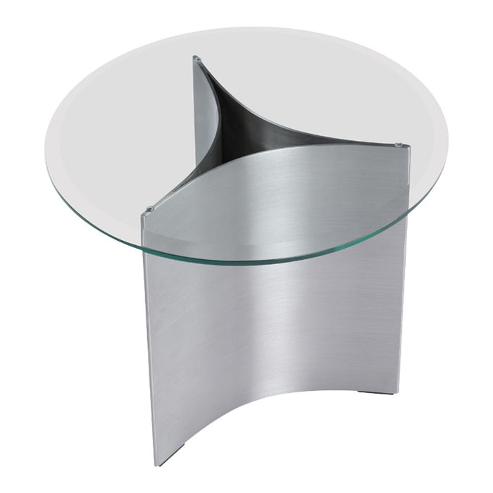 Modern round glass tabletop with sleek silver stainless steel base featuring a unique curved pattern.