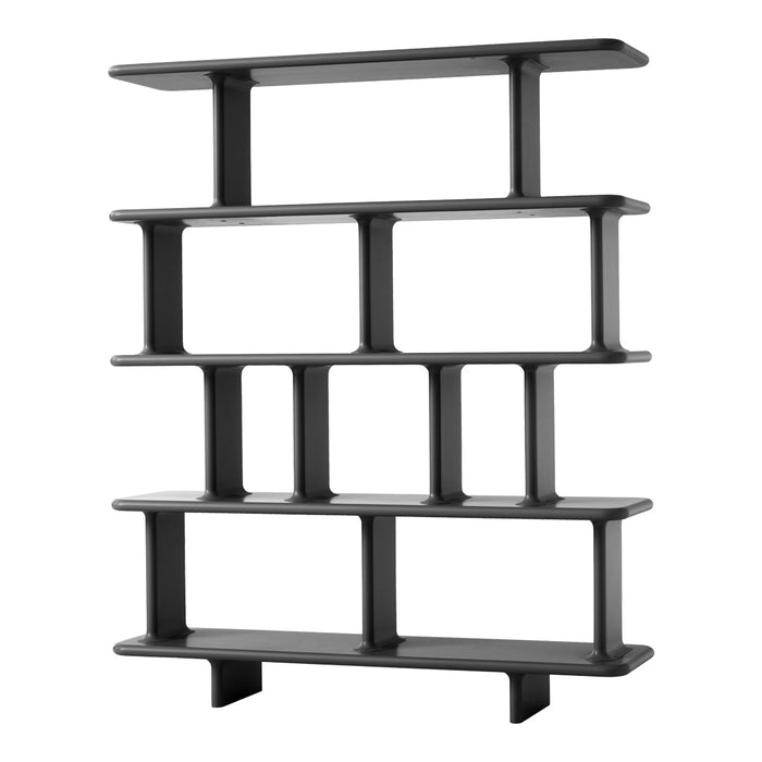 Modern black geometric shelf with multiple open compartments, featuring a sleek and minimalist design.