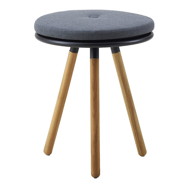 Gray upholstered stool with a round top and natural wood legs, showcasing a modern minimalist design.