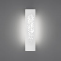 Sleek white wall sconce with a delicate pattern of cascading dots, enhancing ambient lighting against a gray background.