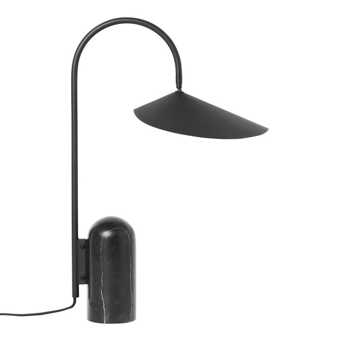 Modern black lamp with a sleek curved neck and conical shade, featuring a round marble base. Stylish and minimalist design.