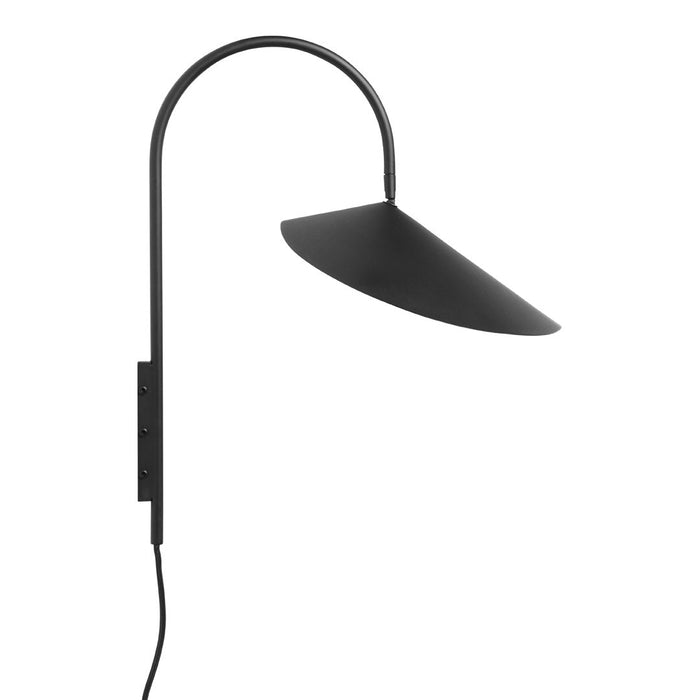 Sleek black arc lamp with a minimalist conical shade, showcasing a modern design.