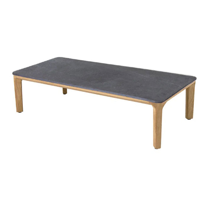 "Rectangular coffee table with a sleek gray top and natural wood legs, featuring a minimalist design."
