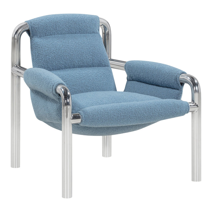 Light blue textured fabric armchair with a sleek chrome frame, showcasing a modern and cozy design.