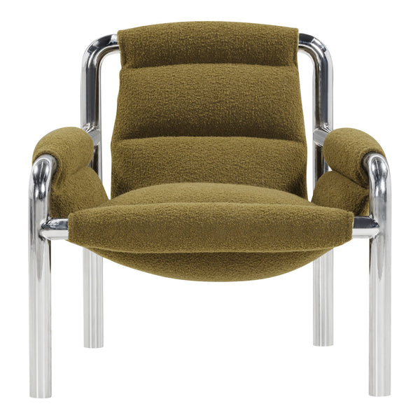 Green textured upholstery with chrome metal frame, featuring a contemporary design and plush seating.
