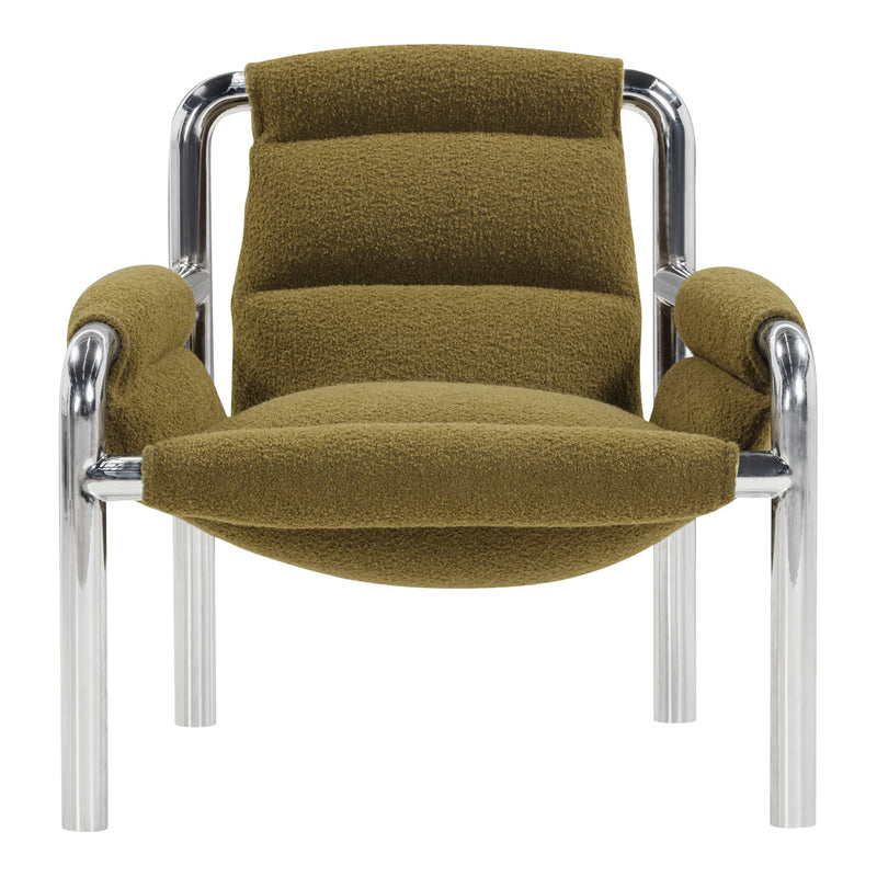 Green textured upholstery with chrome metal frame, featuring a contemporary design and plush seating.