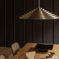 Stylish metal pendant light in gradient silver, complemented by earthy wood tones and neutral shades. Modern, minimalist design.