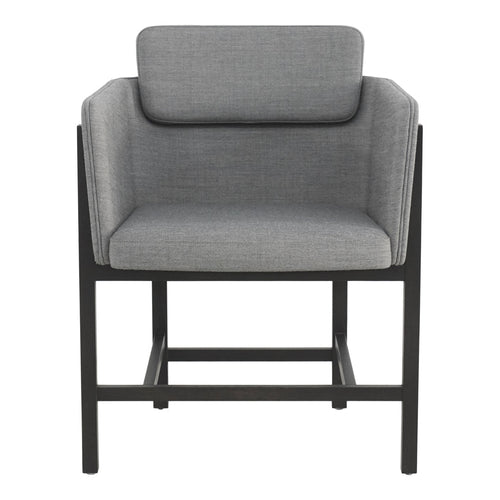 Gray upholstered chair with a sleek black metal frame and minimalist design. Perfect for modern decor.