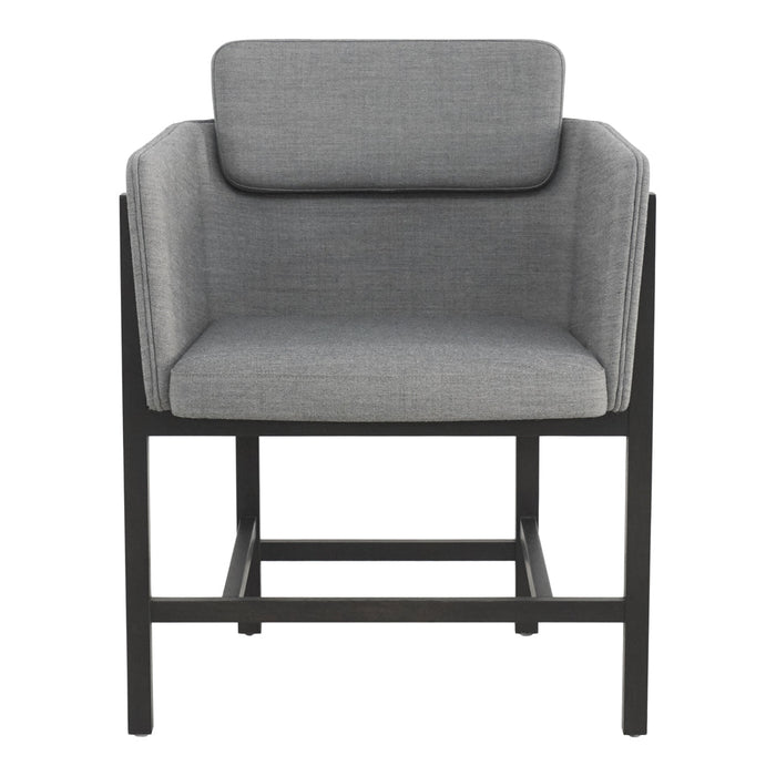 Gray upholstered chair with a sleek black metal frame and minimalist design. Perfect for modern decor.