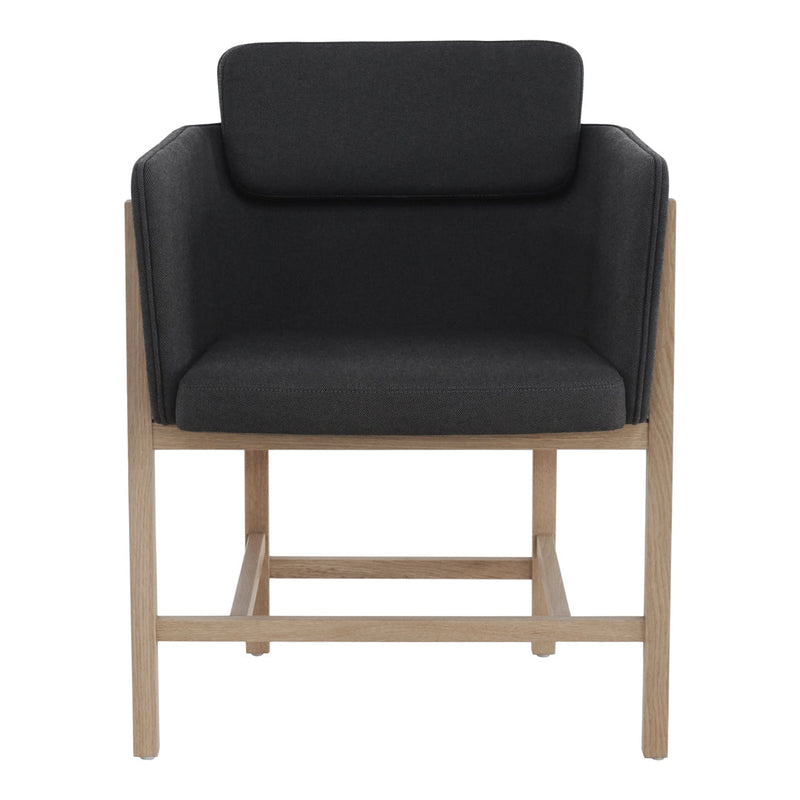 Stylish black upholstered armchair with a light wood frame, featuring a minimalist design.