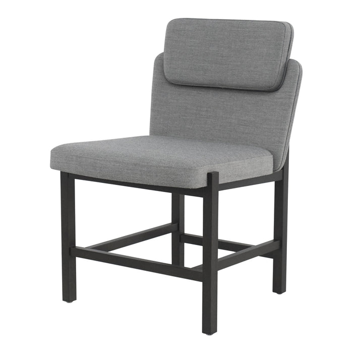 Gray upholstered chair with a minimalist design and black metal frame. Perfect for modern interiors.